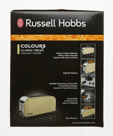 Тостер Russell Hobbs довгий слот для 2 скибочок / 1 широка скибочка хліба Кольори Крем з нержавіючої сталі (надзвичайно широкі отвори для тостів, включаючи насадку для булочки, 6 рівнів підрум'янювання функція розморожування, 1000 Вт)21395-56