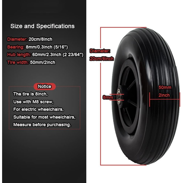 Дюймові запасні колеса для інвалідного візка, аксесуари для передніх коліс для інвалідного візка, поліуретанові гумові колеса, без тиску повітря, підшипник 8 мм/8 дюймів/20 см, 8-