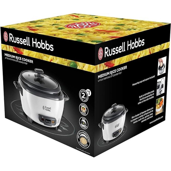 Рисоварка Russell Hobbs мала середня 0,8 л з вставкою для пароварки (функція підтримки тепла, каструля з антипригарним покриттям, ложка для рису та мірна чашка, мультиварка для овочів та риби тощо) 27030-56 Одинарний