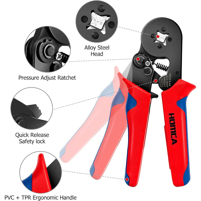 Набір обтискних кліщів HOMCA для 0,25-10 мм з наконечниками 1200 шт. , набір плоскогубців для зачистки, обтискні кліщі та інструмент для зачистки дроту, обтискні кліщі наконечники червоно-чорні