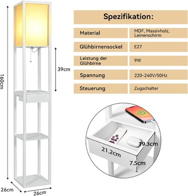 Торшер YU YUSING Дерев'яна полиця, Світлодіодний торшер для вітальні з 3 дерев'яними полицями з цоколем E27 Внутрішнє освітлення 1,6 м для офісу спальні Whonzimmer (білий з ящиком)