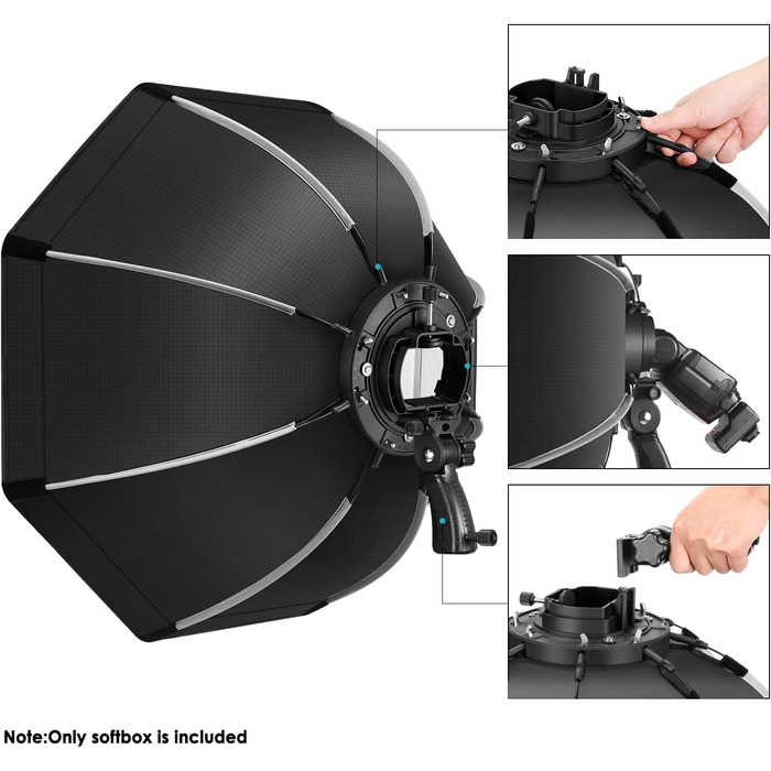Восьмикутний софтбокс NEEWER 65 см з швидкознімним механізмом, з кронштейном S-типу, футляром для перенесення, сумісний з NEEWER TT560 NW561, NW600, NW620, NW700 NW-670 750II та Q3 AD200Pro Flash Strobes-SF-RP26