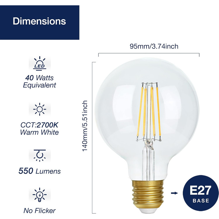 Вт (замінює 40 Вт), G95 Ретро світлодіодна нитка розжарювання Лампочка Едісона E27 Vintage, лампочка 550 лм E27 2700K тепла біла, 3 шт. и (прозоре скло), 27 LED Vintage, 5,5