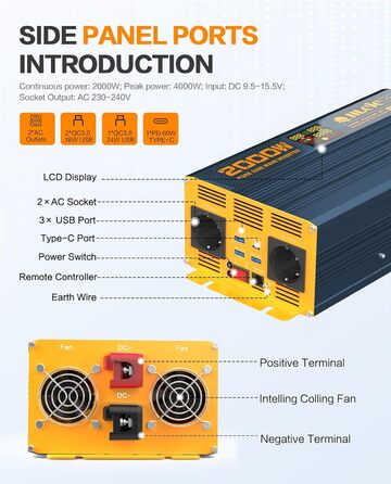 Інвертор потужністю 2000 Вт Чиста синусоїда постійного струму від 12 В до 230 В змінного струму з 2 розетками для зарядки змінного струму Автомобільний та сонячний перетворювач енергії для транспортних засобів та дому РК-дисплей та USB-порти для зарядки 2