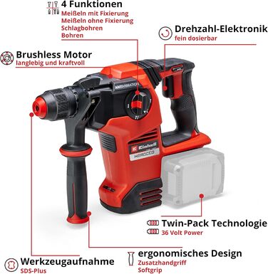 Акумуляторний перфоратор Einhell Herocco 36/28 Power X-Change (подвійна упаковка, свердління/забивання/довбання з фіксацією/без фіксації, 3,2 Дж, безщітковий, SDS, вкл. E-box, без акумулятора/зарядного пристрою) без аксесуарів без акумулятора та зарядного