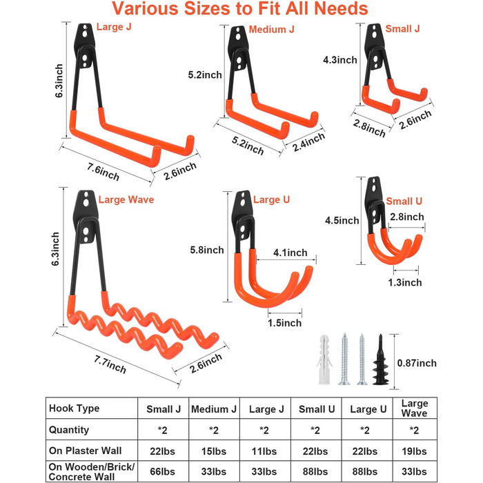 Настінні гачки Гараж, Гачки для важких умов експлуатації, Гаражі з подвійним гачком, Гаражні гачки для зберігання для організації драбини, стільця, шланга, велосипедів, електроінструментів Громіздкий (помаранчевий) 12 шт. - помаранчевий, 12 шт.