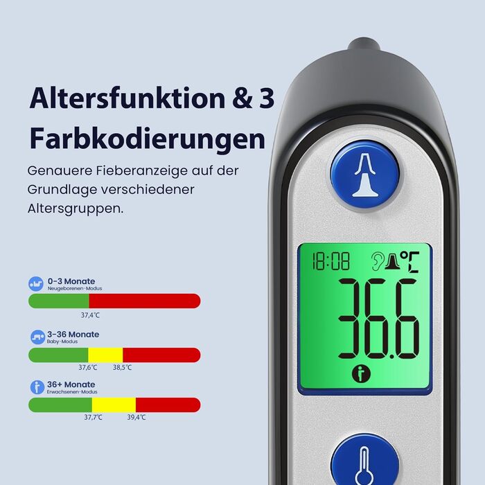 Вушний термометр для немовлят, вушний медичний термометр з точністю віку та кольоровим відображенням температури, цифровий інфрачервоний термометр з 21*одноразовими захисними ковпачками (SchwarzBlau)