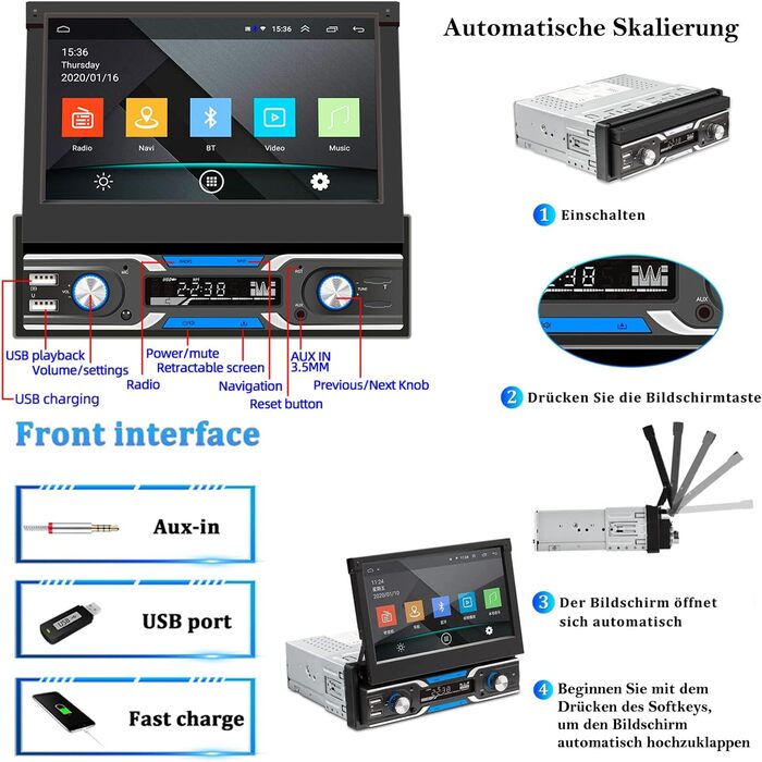 Автомобільна стереосистема CAMECHO Android 10 1 Din з Navi, 7-дюймовий екран Flit Out, Bluetooth гучний зв'язок/FM&RDS/Wi-Fi/USB/керування на кермі/посилання на дзеркалокамера заднього виду (7-дюймова автоматизація DAB)