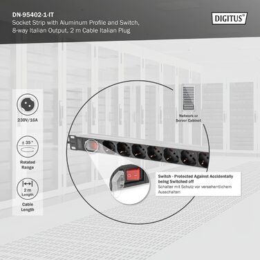 Подовжувач живлення DIGITUS 19 - - 1U - 250 В змінного струму - 50/60 Гц - 16 А - 4000 Вт (8 кранів, перемикач, ІТ-версія)