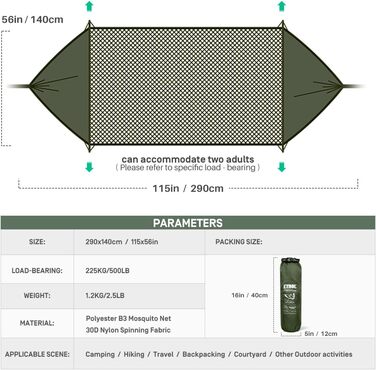 Гамак ETROL Outdoor, 2-місний гамак з москітною сіткою Ultralight - вантажопідйомність 500 фунтів 290 x 140 см, 3 в 1 функція парашутні кемпінгові гамаки Намет для трекінгу, подорожей, пляжу, саду Оливково-зелений