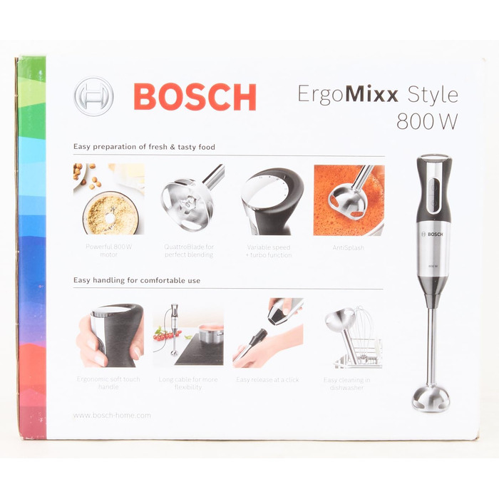 Ручний блендер Bosch ErgoMixx Style MS6CM4150, ніжка блендера з нержавіючої сталі, чашка для змішування та вимірювання, віночок, 4-лезовий ніж, ергономічний дизайн, 12 рівнів плюс турбо, 800 Вт, L-подрібнювач з нержавіючої сталі 500 мл