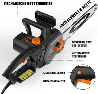 Електрична ланцюгова пила DOVAMAN 2400 Вт, з системою автоматичного натягу SDS, шиною та ланцюгом Oregon 40 см, швидкістю ланцюга 15 м/с, автоматичним мастилом, механічним гальмом та 2 ланцюгами - DCS01A B-помаранчевий