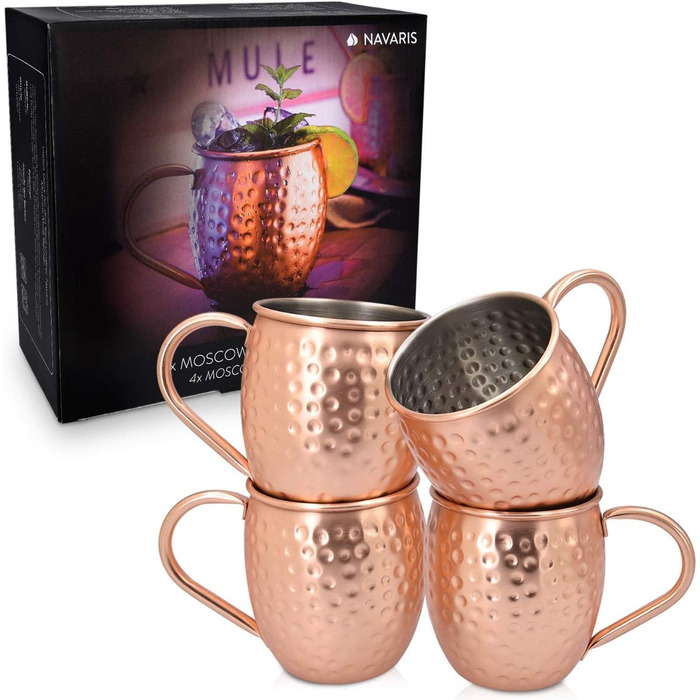 Набір кухлів Navaris Moscow Mule Mug Набір з 4-х мідних кухлів - 4-х мідні кухлі для пива Москва Мул Джин - Коктейльний кухоль кований - Кухоль з нержавіючої сталі з міддю - Набір з 4-х, кований