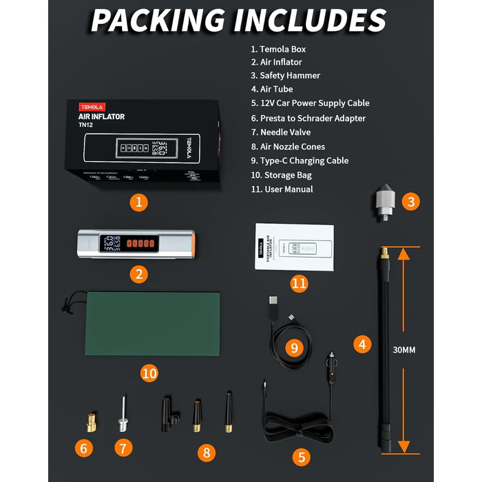 Електричний повітряний насос TEMOLA, акумуляторний повітряний насос 150PSI, акумуляторний компресор для автомобільного насоса для шин, електричний повітряний насос 12 В зі світлодіодним підсвічуванням для автомобіля, велосипеда, мотоцикла, сріблястого аку