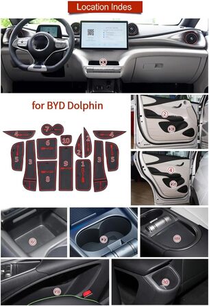 Підходить для BYD BYD Dolphin Premium рифлені килимки, килимок для дверей автомобіля, підстаканник, центральна консоль, салон автомобіля, нековзний гумовий килимок з логотипом, ПВХ (14 шт. /комплект) (червоний) ПВХ червоний