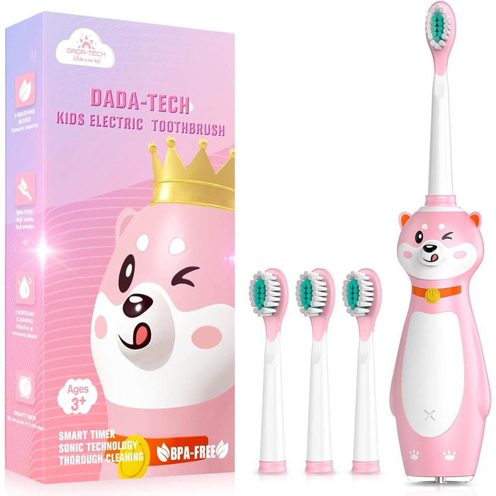 3 Years Silicone Handle Sonic Toothbrush with Integrated Timer for Boys Girls, 3 Cleaning Modes and 4 Toothbrush Heads (Pink Shiba Inu), 3 Years Silicone Handle Sonic Toothbrush with Integrated Timer for Boys Girls, 3 Cleaning Modes and 4 Toothbrush Heads