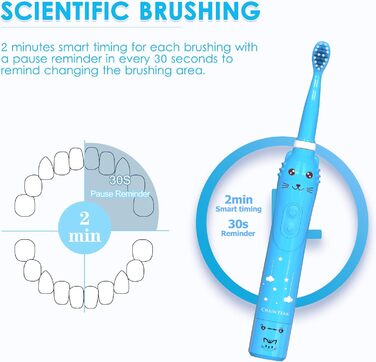 Дитяча звукова електрична зубна щітка, акумуляторна зубна щітка для дітей, звукова зубна щітка для хлопчиків віком від 3 до 12 років з нагадуванням про 30 секунд, таймер на 2 хвилини, 6 режимів, 4 насадки для щітки 8650 синій 4 головки підставка