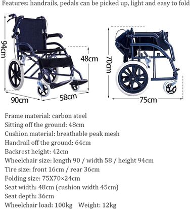 Інвалідні візки Розбірна складна інвалідна коляска, маленька та легка, 12 кг, легко складається, портативна дорожня версія маленького колеса для транспортування допоміжного візка для людей похилого віку з