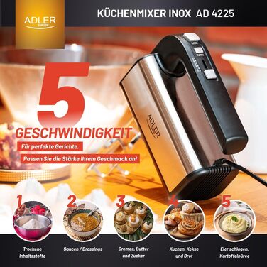 Ручний міксер ADLER AD 4225 INOX, 800 Вт, кухонний комбайн, міксер з 3 функціями, ручний міксер, ручний міксер, чорний/сріблястий, кухонний міксер