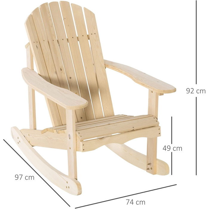 Крісло-гойдалка Outsunny Adirondack, садове крісло з соснового дерева, садове крісло, крісло-гойдалка, крісло для внутрішнього дворика, садові меблі, балконне крісло, натуральне, 74 x 97 x 92 см