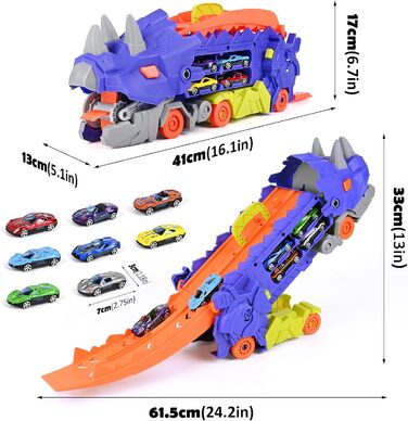 Транспортна вантажівка іграшкові автомобілі, портативний динозавр гоночний трек вантажівка іграшка з 6 гоночних автомобілів, перевізник вантажівка транспортні засоби іграшковий набір для дітей для хлопчиків 3 4 5 6 7 років