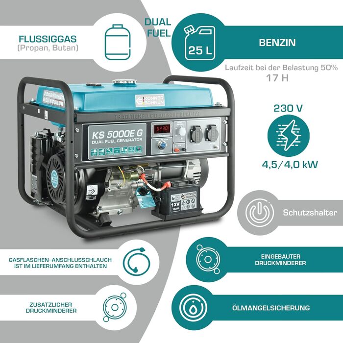 Генератор на зрідженому газі K&S Knner&Shnen KS 5000E G серії DUAL FUEL, аварійний генератор 4500 Вт, ручний/електрозапуск, 2х16А, 12 В, генератор з (AVR), генератор, генератор захист від короткого замикання синій 5000e G