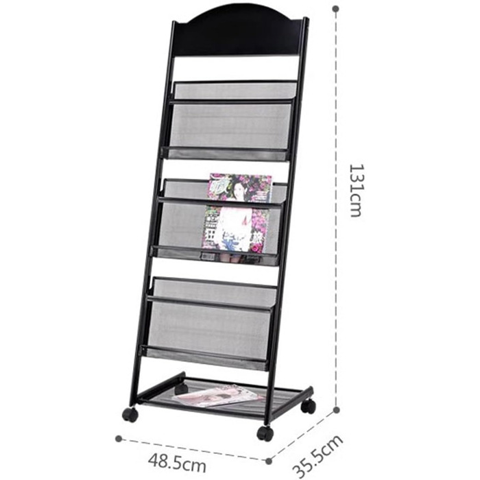 Організовує ваші матеріали для читання, підлоговий стелаж для журналів 3-шаровий на коліщатках, стелаж для брошур, надміцний метал для виставок, офісу, сучасний окремо стоячий стелаж для журналів (чорний)