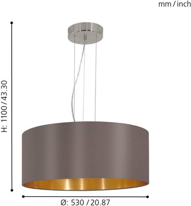 Підвісний світильник EGLO Maserlo, підвісний світильник з текстилю 3 полум'я, підвісний світильник з металу срібла з абажуром у кольорі капучино та золото, цоколь E27, підвісний світильник Ø 53 см, Ø 530 мм