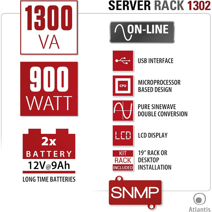 ДБЖ Atlantis A03-OP1302-RC OnLine ДБЖ з подвійним перетворенням, чиста синусоїда 1300 ВА 900 Вт, серверна стійка, РК-дисплей, USB, послідовний RS-232, 8 виходів IEC, слот SNMP, 2x12V-9Ah