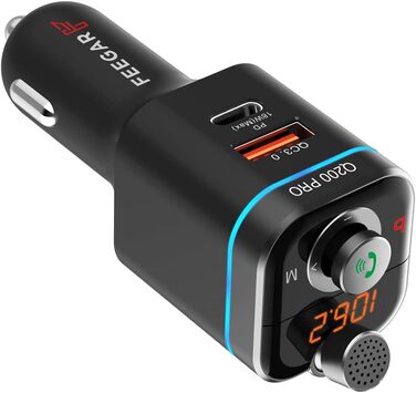 Комплект FM-передавача Feegar Q200 Bluetooth 5.0 QC4 PD SD MP3 USB-C 12-24V Зарядний пристрій 42 Вт (макс.) 87,5-108,0 МГц FM Роз'єм типу C PD 20 Вт регульований мікрофон HD Bass Boost Ефект об'ємного звучання