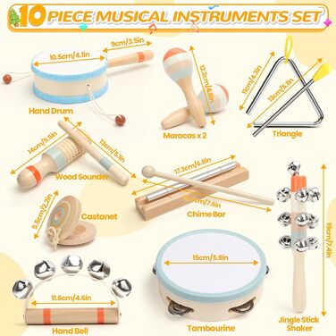 Музичні інструменти для дітей, дитячі іграшки від 3 років, іграшки Монтессорі, дерев'яні іграшки, дитячі барабани, дитячі барабани, набір ударних інструментів, ідеї подарунків для хлопчиків дівчаток 3(10 в 1)