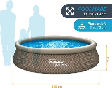 Повний набір Summer Waves Quick Up Pool Круглий 396x84 см Ротанг вигляд Коричневий набір наземних басейнів Садовий басейн і плавальний басейн, включаючи фільтруючий насос і фільтрувальний картридж