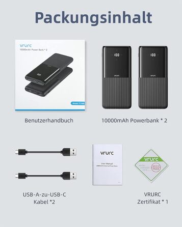 И, Power Bank USB C Портативний зарядний пристрій Зовнішній акумулятор мобільного телефону 2 USB USB C 2.4A Вихідні порти для смартфонів, iPhone, Samsung, Huawei, телефонів Android та інших Black Black & Black, 10000mAh 2 шт.