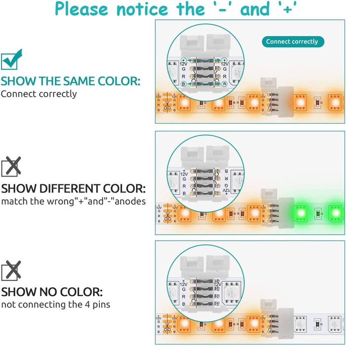 Роз'єми для світлодіодної стрічки, Набір аксесуарів для розширення світлодіодної стрічки, 5050 4-контактний роз'єм для світлодіодної стрічки RGB, 5050 Комплект 4-контактних роз'ємів для світлодіодної стрічки, для комплекту аксесуарів для подовження стрічк