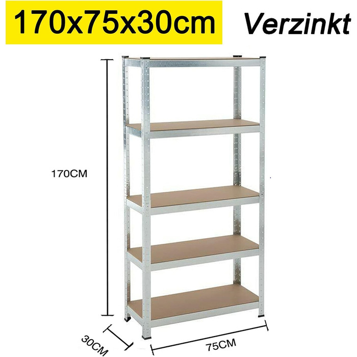 Полиця для зберігання Royalswill Heavy Duty Shelf, 170 x 75 x 30 см - Металева полиця Підвальна полиця Полиця Майстерня без болтів Полиця з 5 суцільними полицями МДФ панелі, вантажопідйомність до 875 кг, Оцинкована 170x75x30см Оцинкована