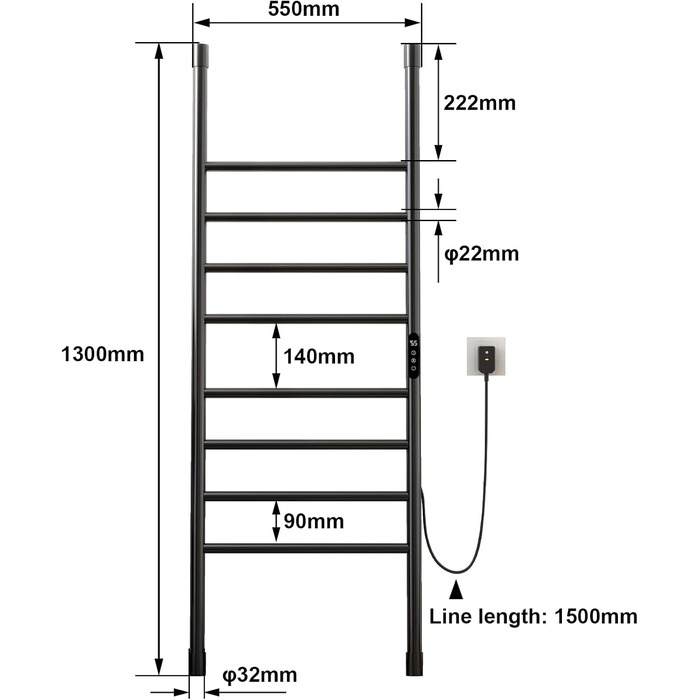 Електричний полотенцесушитель, окремо стояча рушникосушка для ванної кімнати чорна 1300550 мм, електричний радіатор для ванної кімнати потужністю 195 Вт, електрична рушникосушка, зі світлодіодним дисплеєм, тип драбини - чорна права