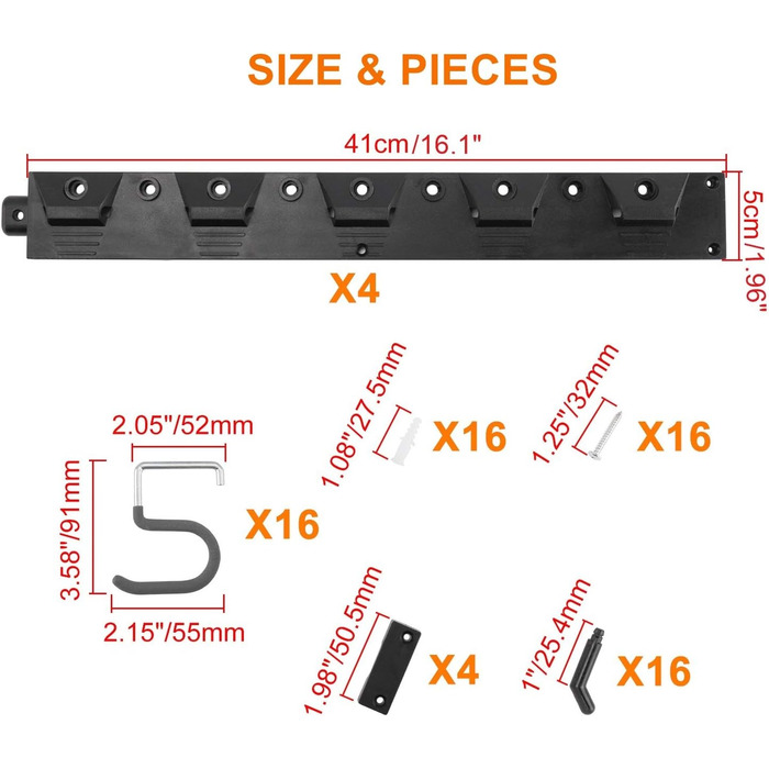 Тримач для садового інструменту Homtone 162 см, настінне кріплення для гаража металеве з 16 знімними гачками, стійка для інструментів, органайзер для інструментів, настінне кріплення для дому