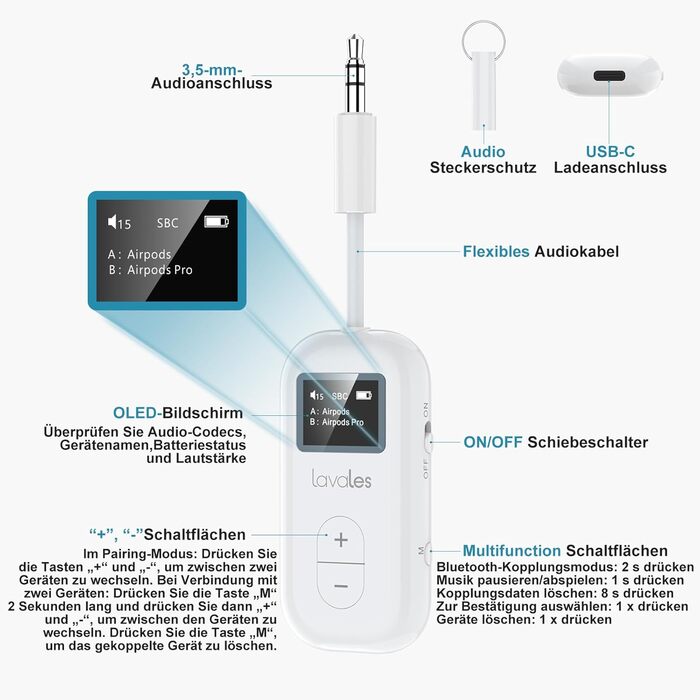 Передавач Premium Airplane Bluetooth 5.3 для 2 AirPods або навушників, aptX з низькою затримкою, бездротовий аудіоадаптер 3,5 мм AUX з OLED-дисплеєм для авіаперельотів, телевізора, планшетів