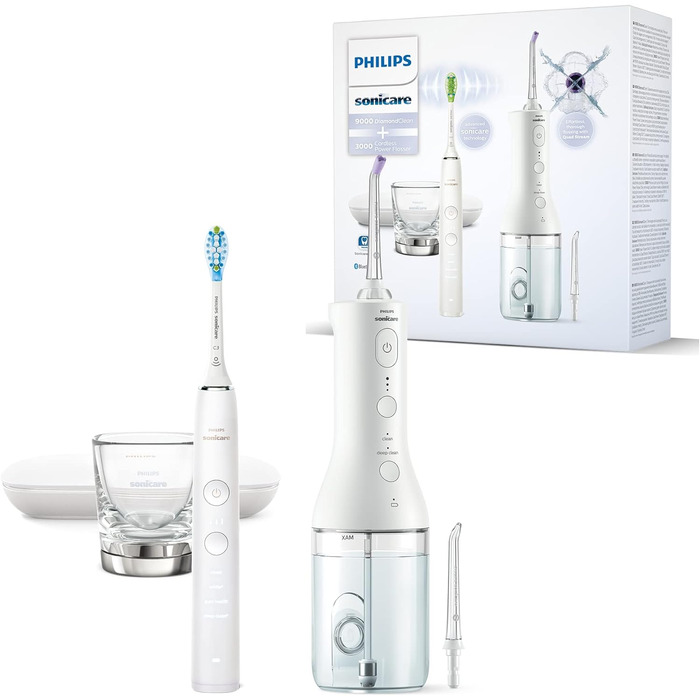 Бездротовий іригатор для порожнини рота Philips Sonicare Power Flosser та електрична зубна щітка DiamondClean 9000 - для очищення зубів, ясен і зубного нальоту, біла (модель HX3866/41)