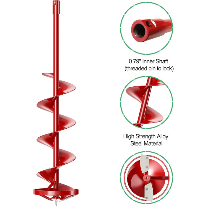 Льодовий шнек LONGRUN, 8-дюймовий земляний шнек з нековзною ручкою та змінними наборами лез, підходить для підлідної риболовлі, копання лунок - Червоний