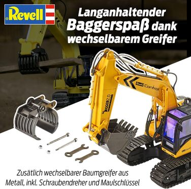 Гусеничний екскаватор Revell Control 24924 RC Digger 2.0, ланцюговий привід, змінні лопата і захват для дерев, підходить для використання на відкритому повітрі, акумуляторна батарея Екскаватор з дистанційним керуванням, 2,4 ГГц, жовтий Екскаватор 2.0