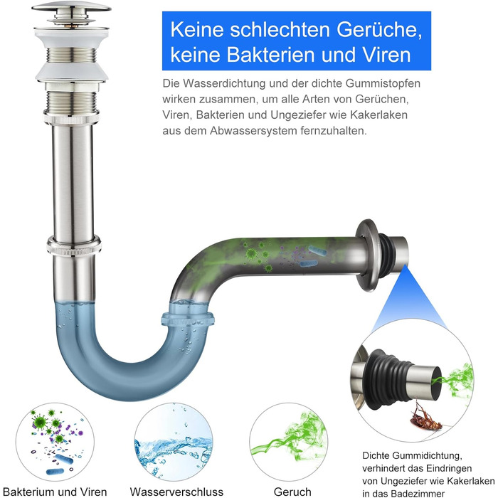 Сифон для пляшок для раковини у ванній кімнаті, сифон і висувний клапан Зливний комплект без зливу переливної пробки, сифон для раковини, хром (універсальний сифон без переливного отвору - нержавіюча сталь, матовий нікель)