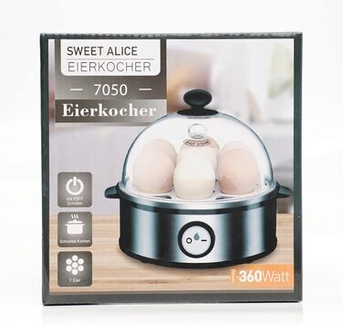 Солодка Alice Egg Cooker з нержавіючої сталі, переможець тесту яйцеварки, яйцеварка на 1-7 яєць з налаштуванням рівня твердості, світлова індикація автоматичного вимкнення, мірна чашка, захист від перегріву, без бісфенолу А, 360 Вт