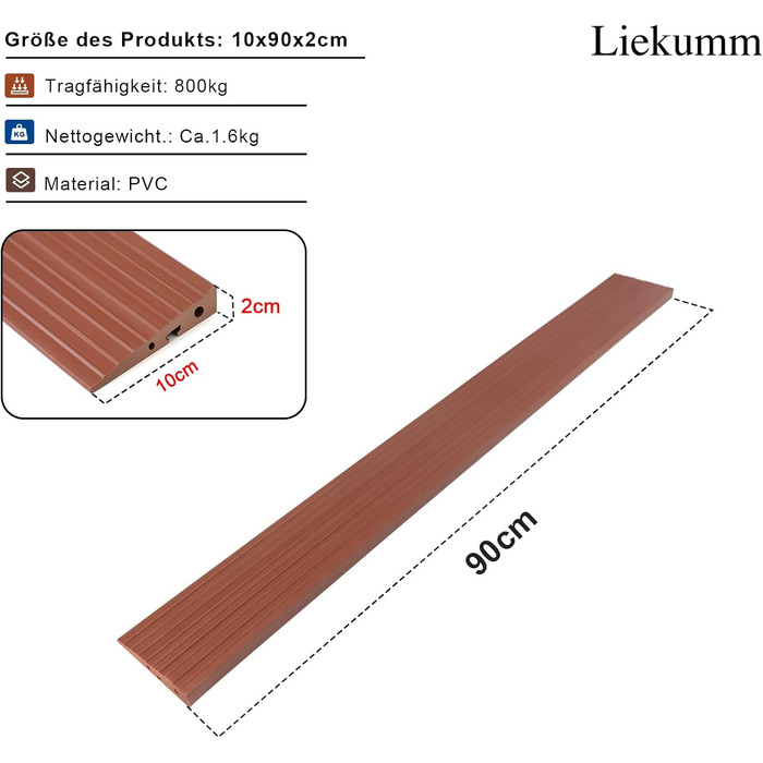 Пороговий пандус LIEKUMM, 90 x 10 x 2.0 см Пандус для інвалідного візка ПВХ Пороговий пандус, бордюрний пандус для інвалідного візка, коляски, ролика або електронного скутера, коричневий PTR9520Z висотою 2 см