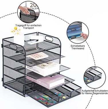 Органайзер для столу Accmuzzy 5 рівнів з ящиком, сітчасті лотки для документів з ручкою, металевий стіл-органайзер для листів/А4 -чорний (5 рівнів)