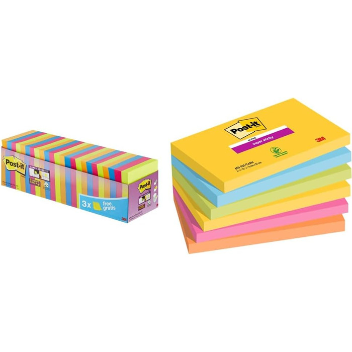 Стікери Super Sticky Notes, упаковка з 24 блокнотів, 90 аркушів на блокнот, 76 мм x 76 мм, кольори зелений, рожевий, синій, помаранчевий - надзвичайно міцні наліпки для нотаток, списків справ і нагадувань (багатобарвний, стандартний, набір наліпок 76 x 12