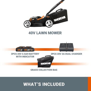 Акумуляторна газонокосарка Worx Nitro 34 см, електрична газонокосарка, WG779E, 40 В PowerShare PRO 2 шт. Акумулятор 2,5 Ач (батареї та зарядний пристрій у комплекті) 34 см - 280 м