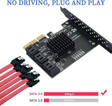 Карта 6 портів, 6 Гбіт/с 4 шт. SATA 3.0 PCIe карта, PCIe до SATA контролера плата розширення без рейду з 6 кабелями SATA низькопрофільний кронштейн, Plug and Play Windows, Linux система ASM1166 чіп 6 портів 4x-чорний