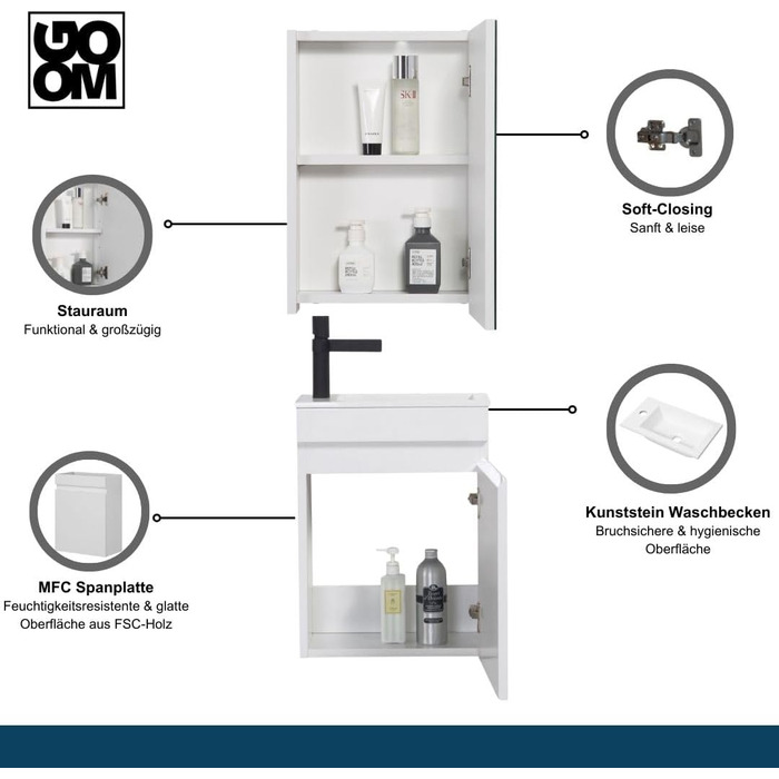 Набір гостьового туалету GOOM 40 см Меблі для ванної кімнати Попередньо зібраний невеликий умивальник з нижньою тумбою (умивальник дзеркальна шафа, білий)