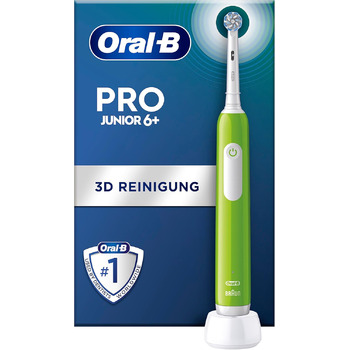 Електрична зубна щітка Oral-B Pro Junior для дітей віком від 6 років, датчик тиску, 3 режими чищення, включаючи чутливу для догляду за зубами, мяка щетина та таймер, розроблений Braun, зелений